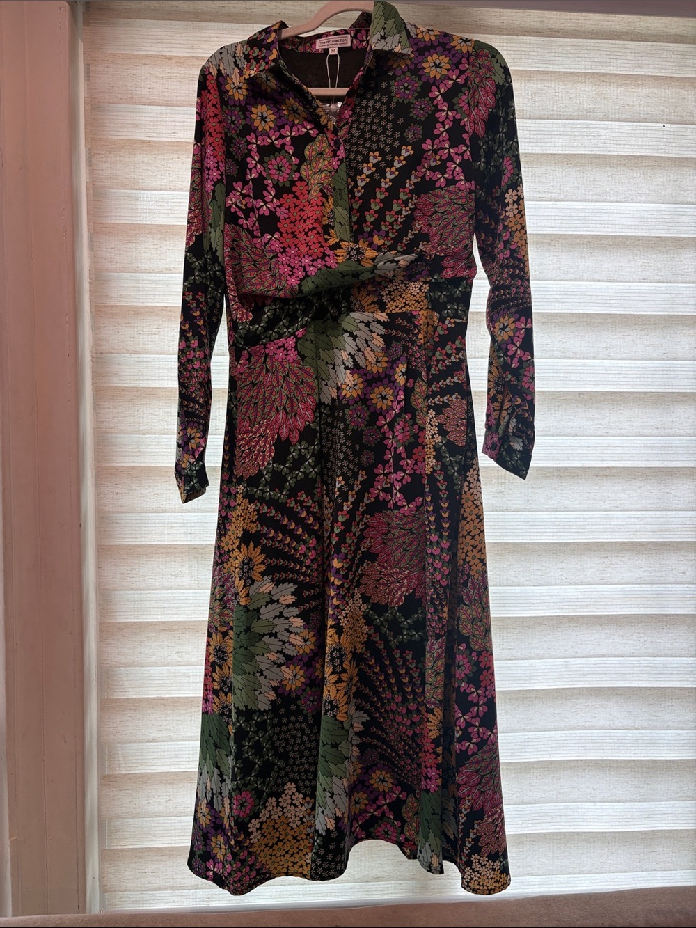 Long-Sleeve Floral Midi Dress in Black with Pink & Green Accents